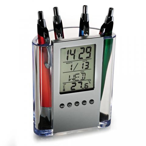 Brinde porta lápis com relógio digital em acrílico polipropileno personalizado.