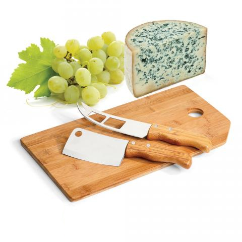 Brinde kit queijo em bambu e inox Oregon 3pçs personalizado.