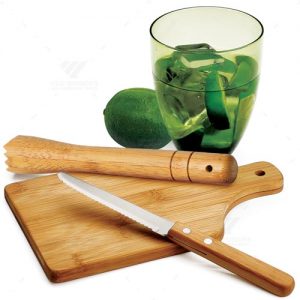 Brindes kits caipirinha em bambu 4pçs personalizados.
