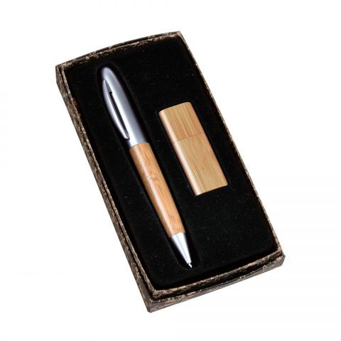 Conjunto pen drive e caneta em bambu 2GB e acessórios 2 pçs personalizados