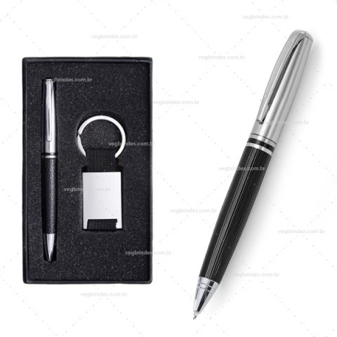 Brinde kit executivo com caneta e chaveiro personalizado.