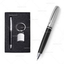 Brinde kit executivo com caneta e chaveiro personalizado.