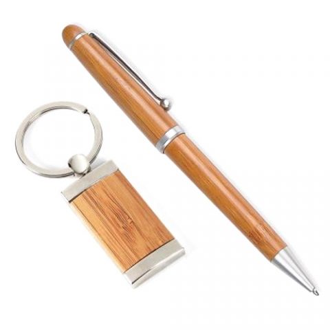 Brindes conjuntos com caneta e chaveiro personalizados.