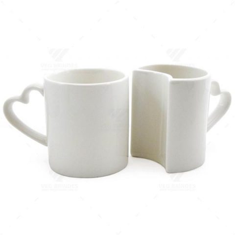 Brindes Conjunto de Canecas Cerâmica Alça Coração Par Perfeito 325ml 2pçs Personalizadas.