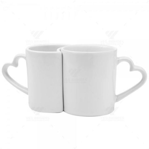 Brindes Conjunto de Canecas Cerâmica Alça Coração Par Perfeito 325ml 2pçs Personalizadas.