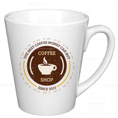 Brindes canecas cerâmicas cônicas 325ml personalizadas.