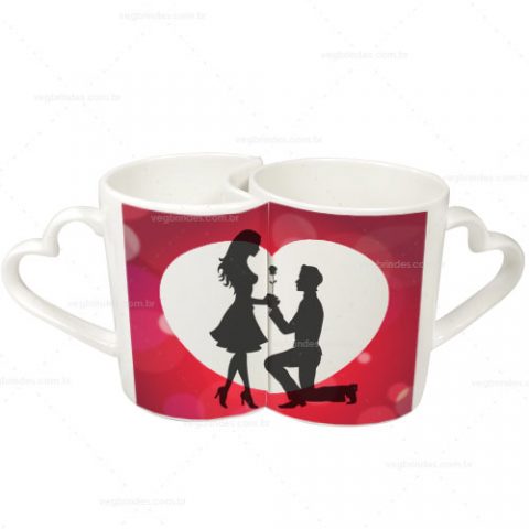 Brindes canecas cerâmicas duplas com alça coração personalizadas.
