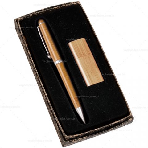 Brindes conjuntos caneta e pen drive em bambu 8gb personalizados.