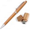 Brindes conjuntos caneta e pen drive em bambu 8gb personalizados.