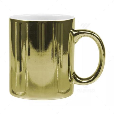 Brindes Canecas Cerâmicas Douradas Cromadas 325ml Personalizadas.