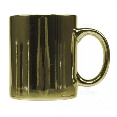 Brindes Canecas Cerâmicas Douradas Cromadas 325ml Personalizadas.