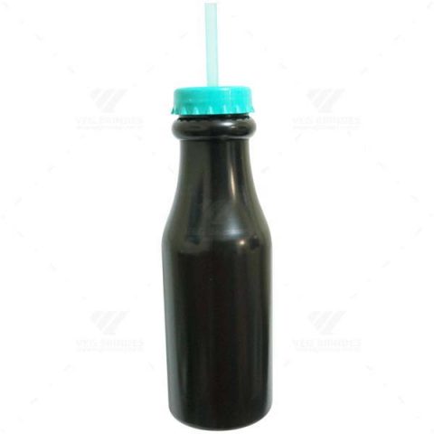 Brindes Garrafas Retrô 550ml Pretas com Canudo Personalizadas.