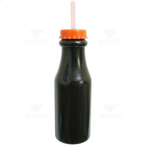 Brindes Garrafas Retrô 550ml Pretas com Canudo Personalizadas.