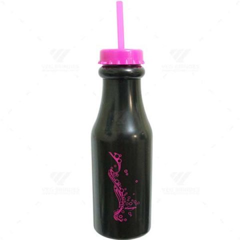 Brindes Garrafas Retrô 550ml Pretas com Canudo Personalizadas.