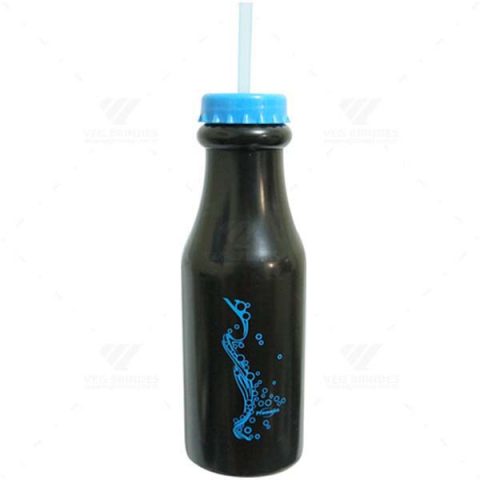 Brindes Garrafas Retrô 550ml Pretas com Canudo Personalizadas.
