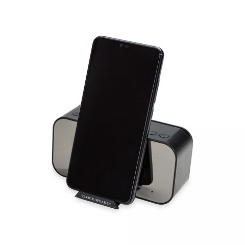 Brindes Caixas de Som Multimídia com Relógio e Suporte para Celular Personalizadas - Veg Brindes Curitiba.